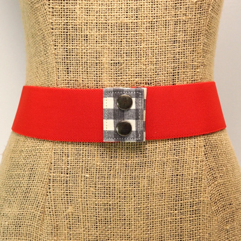 Vintage 70s Waist Belt Women 8 M Red Stretch Black White Check Snap